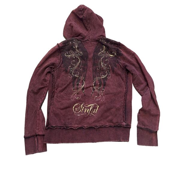 Vintage Y2K Sinful Hoodie Xl Women's Maroon Wings Feathers Gold Metallic - Picture 7 of 10